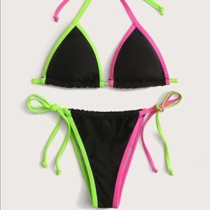 Contrast Binding Triangle Tie Side Bikini Swimsuit